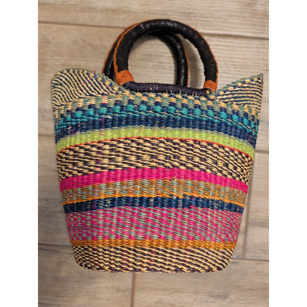 Handwoven Bolga Basket Tote Market Bag Leather Handle Ghanaian Straw Colorful